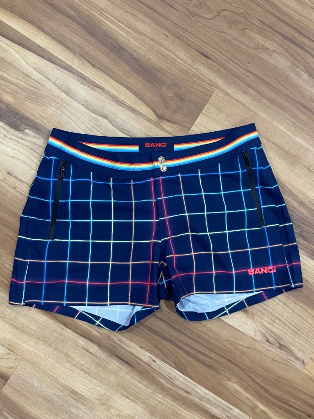 BANG Miami Neon Grid Tailored Swim Shorts Navy Rainbow Size M